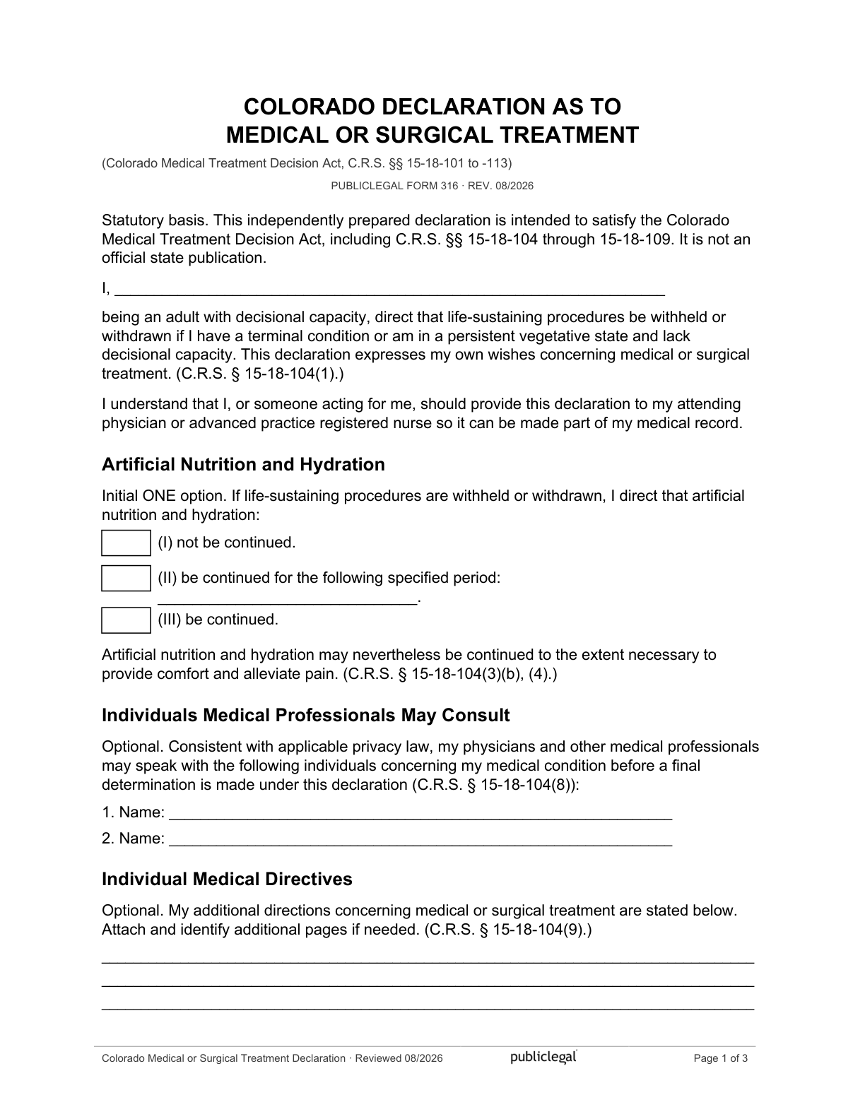 Page 1 of the Colorado Declaration as to Medical or Surgical Treatment, as delivered in the download
