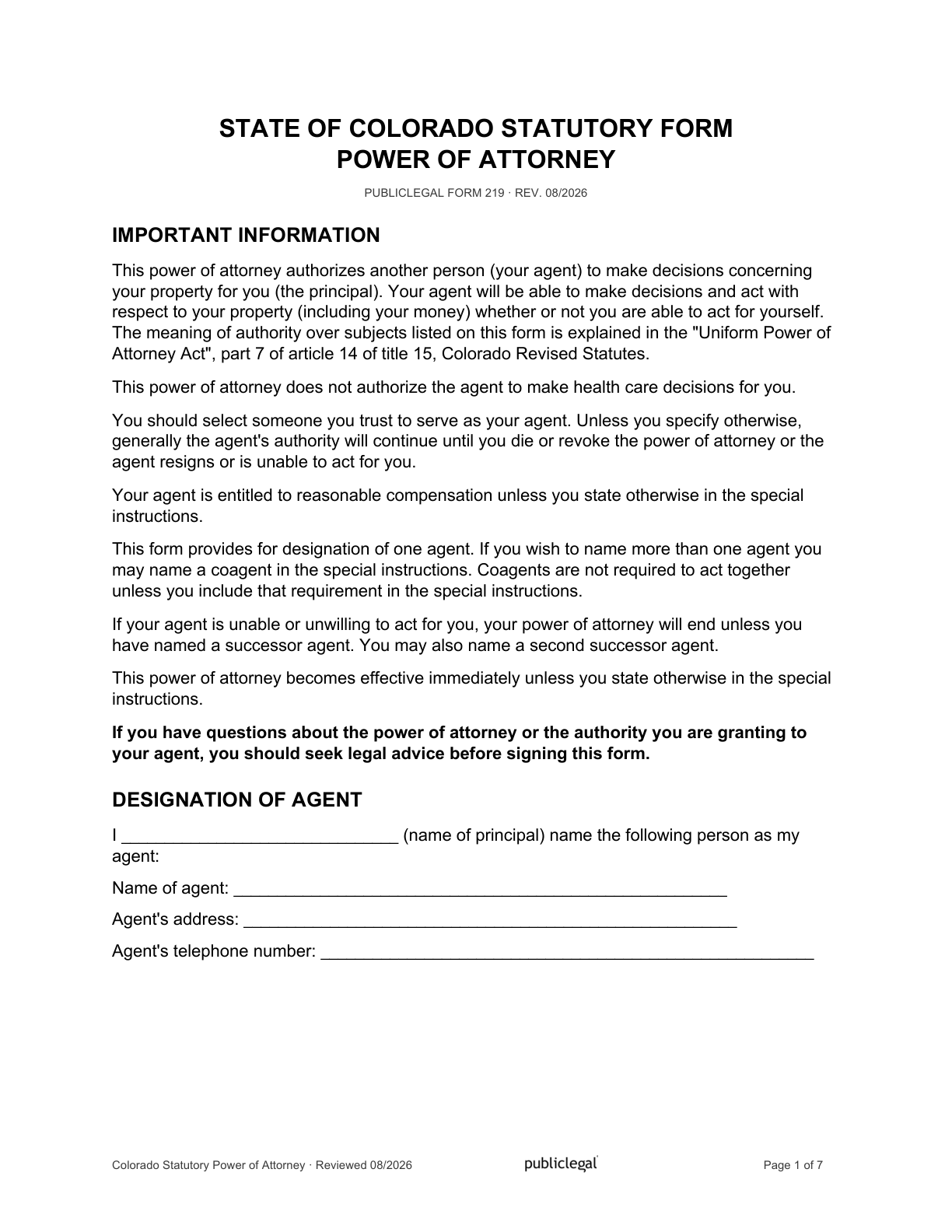 Page 1 of the Colorado Statutory Form Power of Attorney packet, as delivered in the download