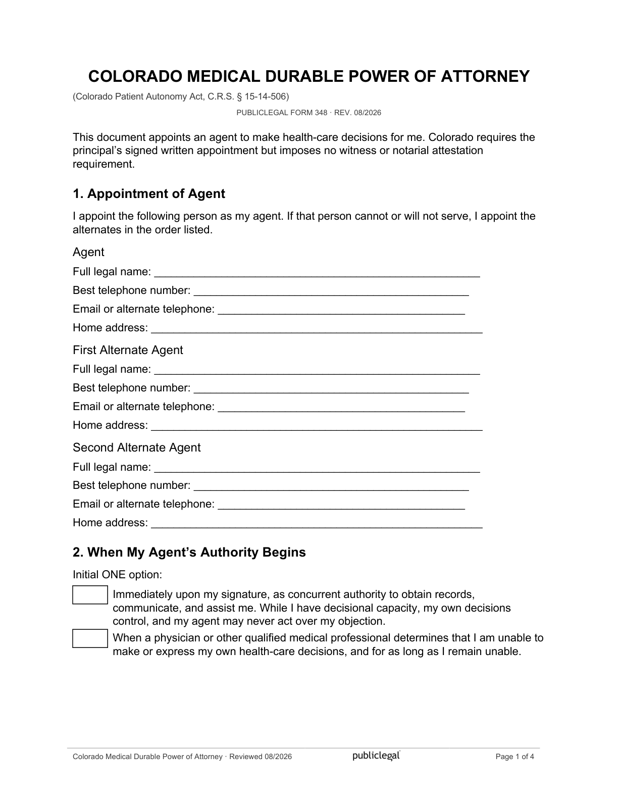 Page 1 of the Colorado Durable Power of Attorney for Health Care, as delivered in the download