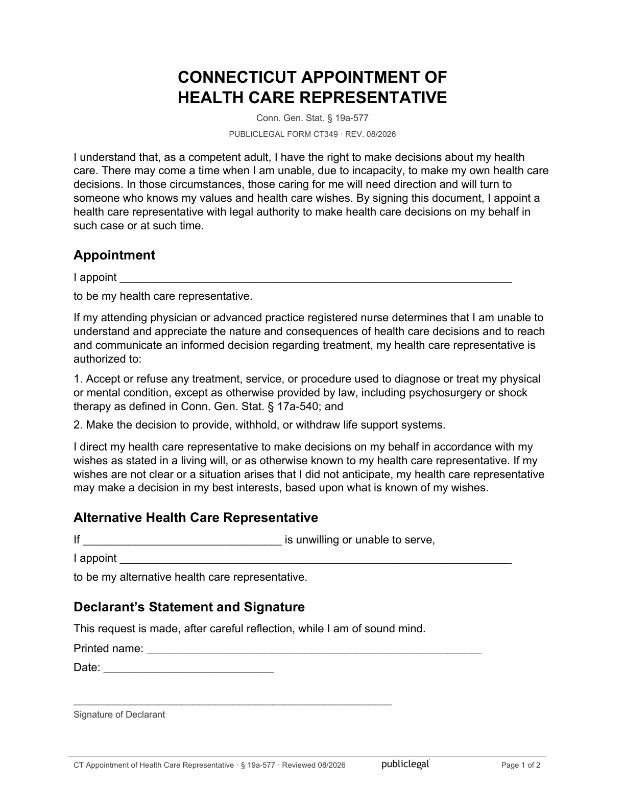 Page 1 of the Connecticut Appointment of Health Care Representative form, as delivered in the download
