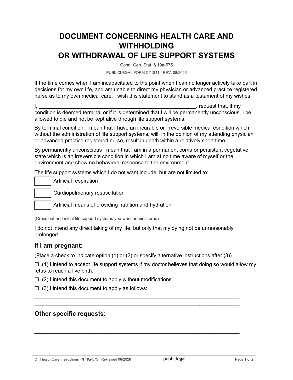 Page 1 of the Connecticut Health Care Instructions form, as delivered in the download