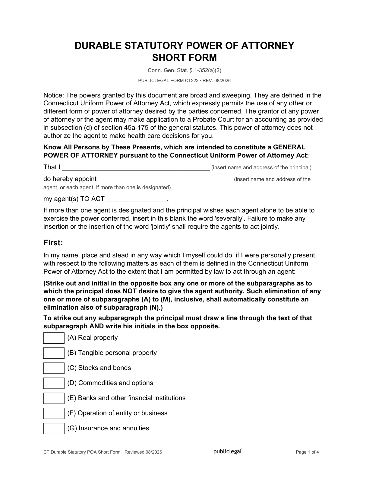 Page 1 of the Connecticut Durable Statutory Power of Attorney Short Form