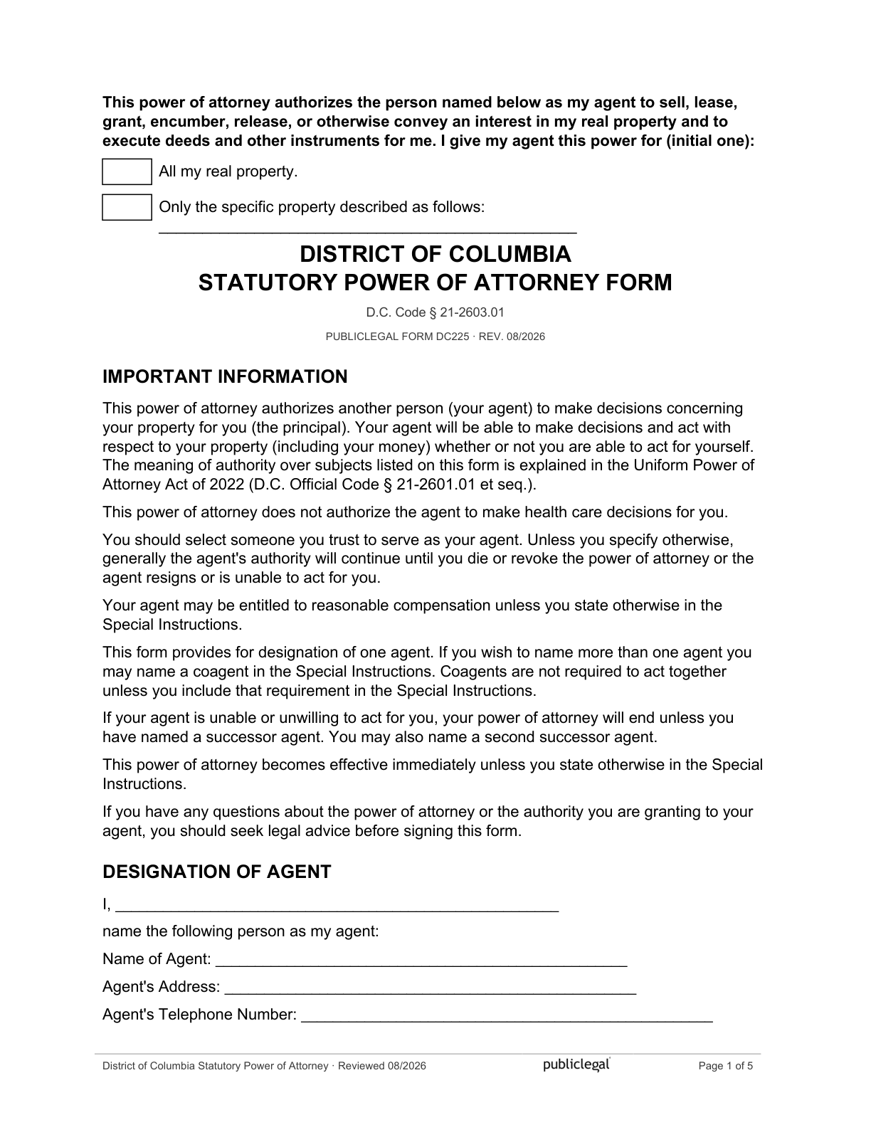 Page 1 of the District of Columbia Statutory Power of Attorney