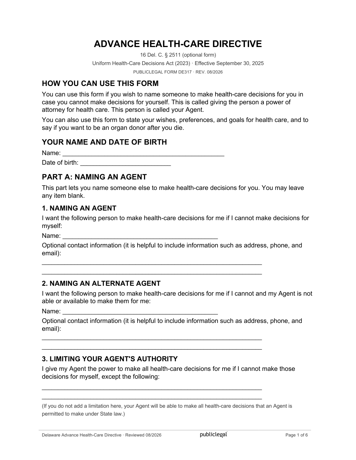 Page 1 of the Delaware Advance Health-Care Directive, as delivered in the download