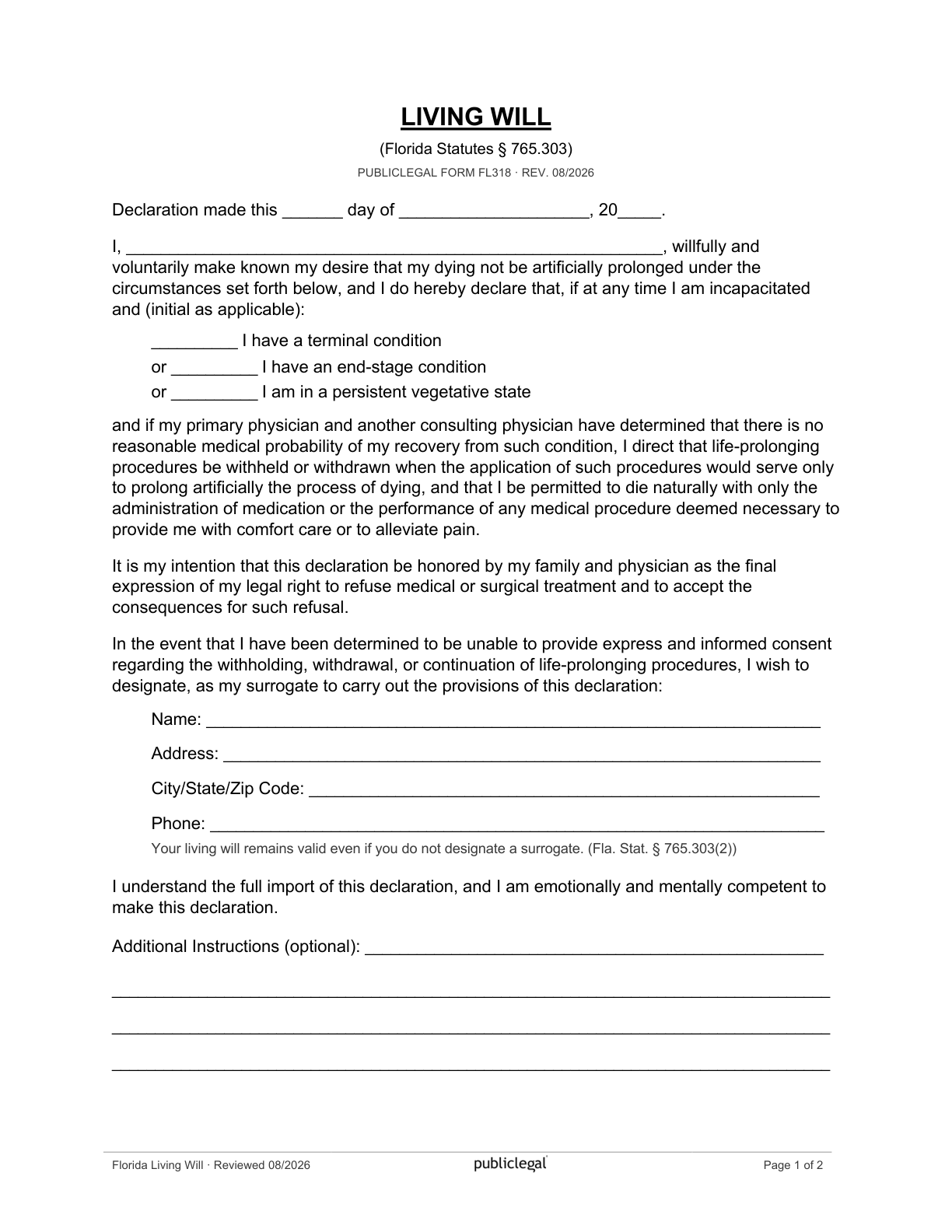 Page 1 of the Florida Statutory Living Will form, as delivered in the download