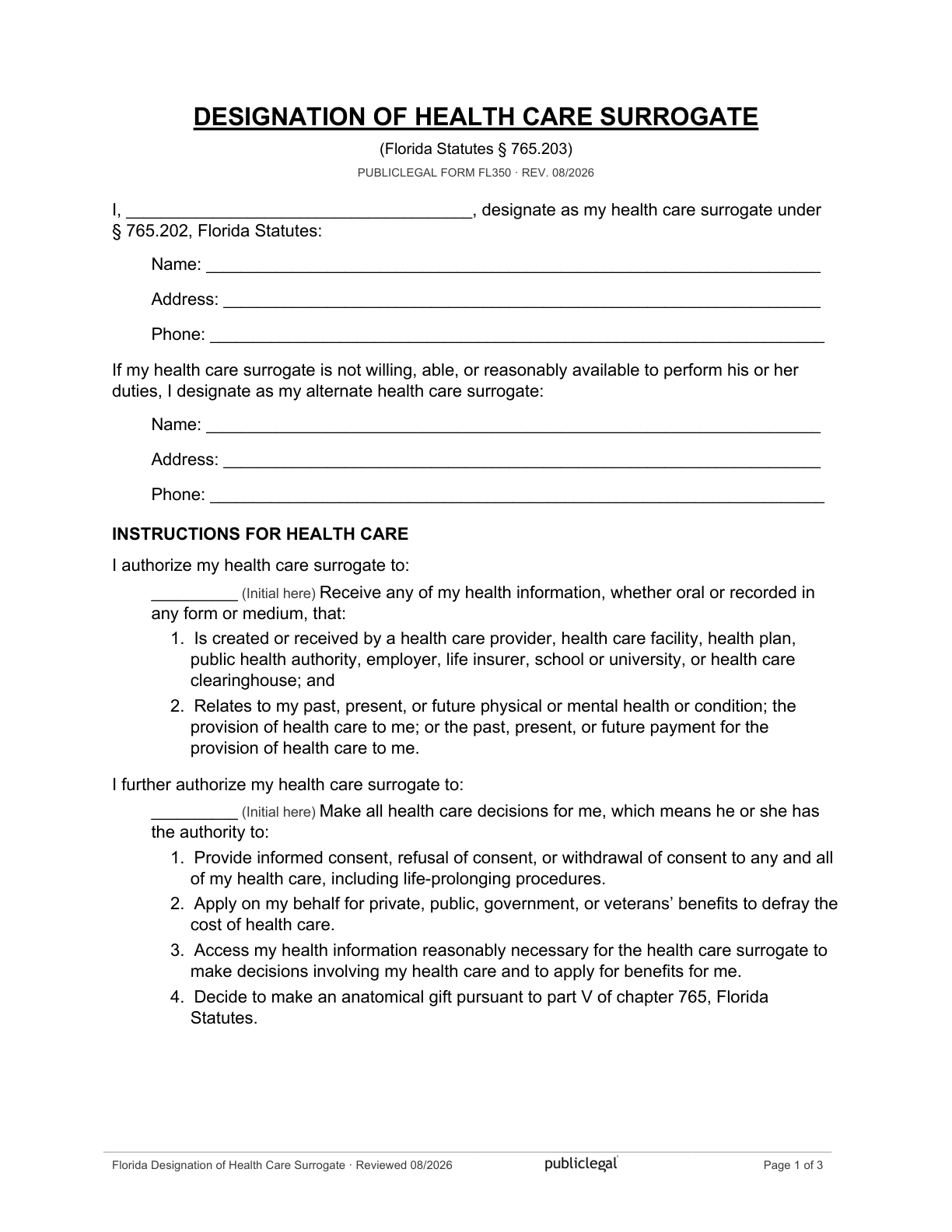 Page 1 of the Florida Designation of Health Care Surrogate form, as delivered in the download