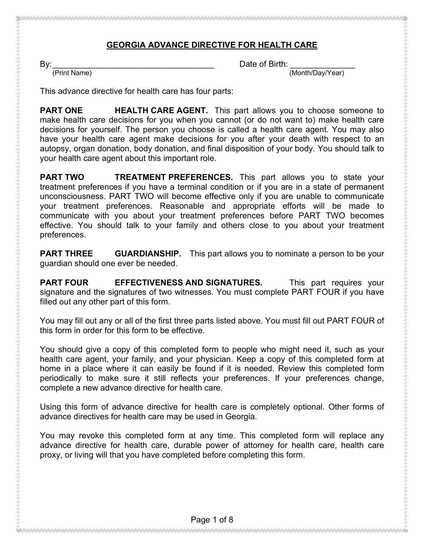Page 1 of the Georgia Advance Directive for Health Care, as delivered in the download