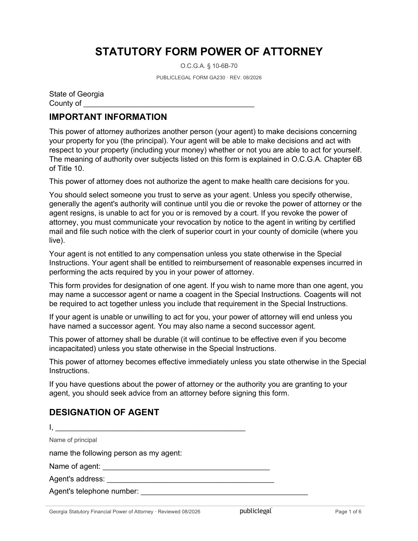 Page 1 of the Georgia Statutory Form Power of Attorney, as delivered in the download