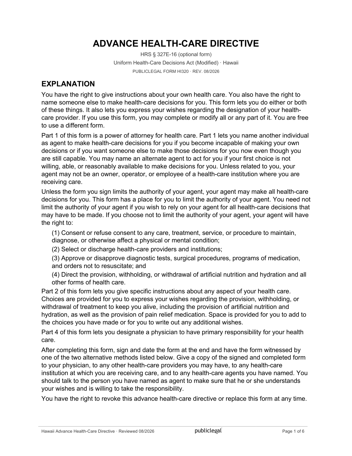 Page 1 of the Hawaii Advance Health-Care Directive, as delivered in the download