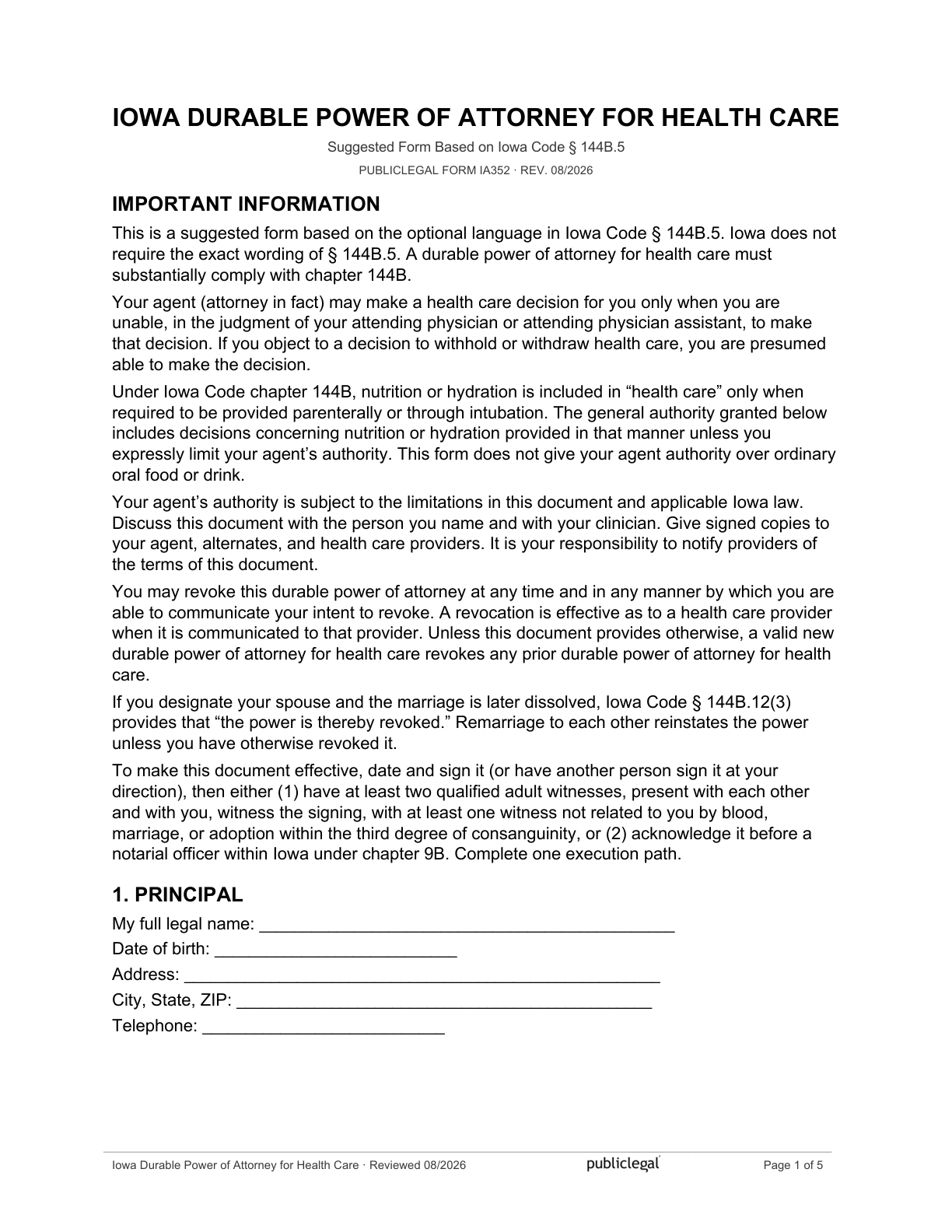 Page 1 of the Iowa Durable Power of Attorney for Health Care