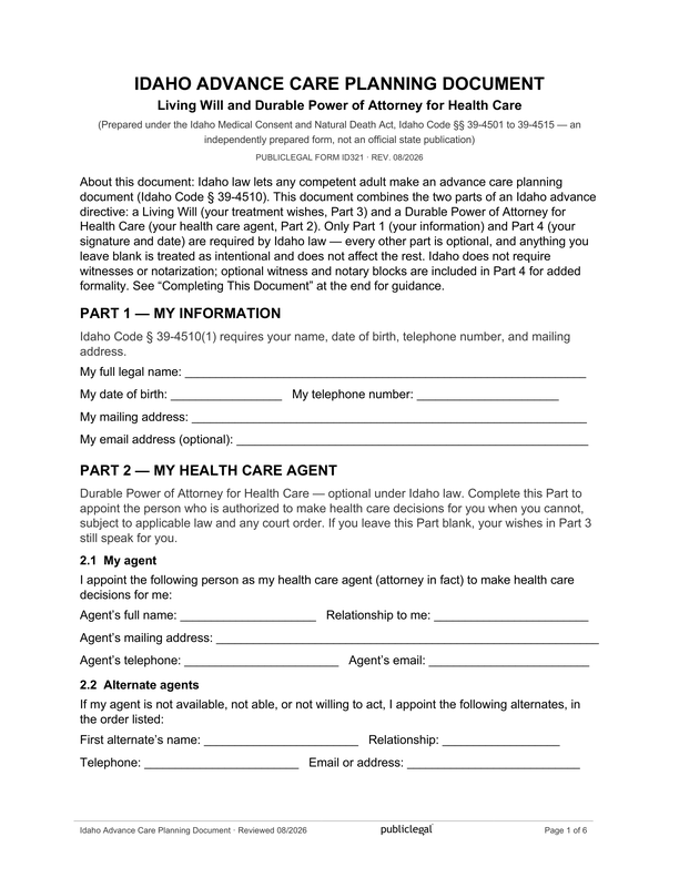 Page 1 of the Idaho Advance Care Planning Document, as delivered in the download