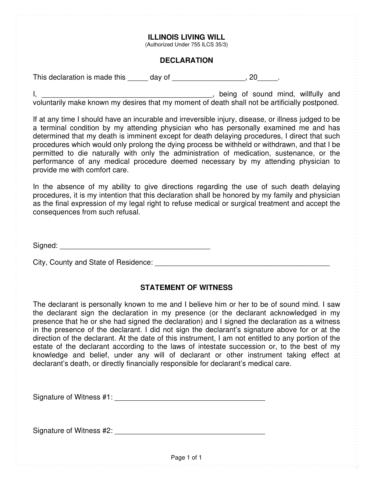 Page 1 of the Illinois Living Will form, as delivered in the download