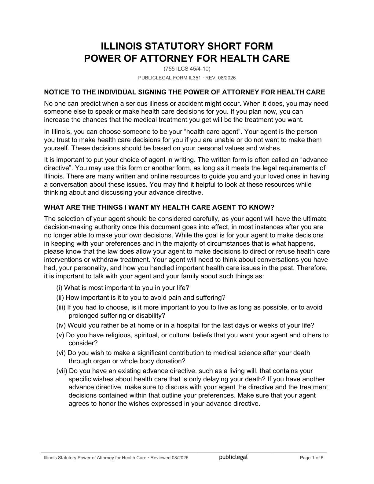 Page 1 of the Illinois Statutory Short Form Power of Attorney for Health Care, as delivered in the download