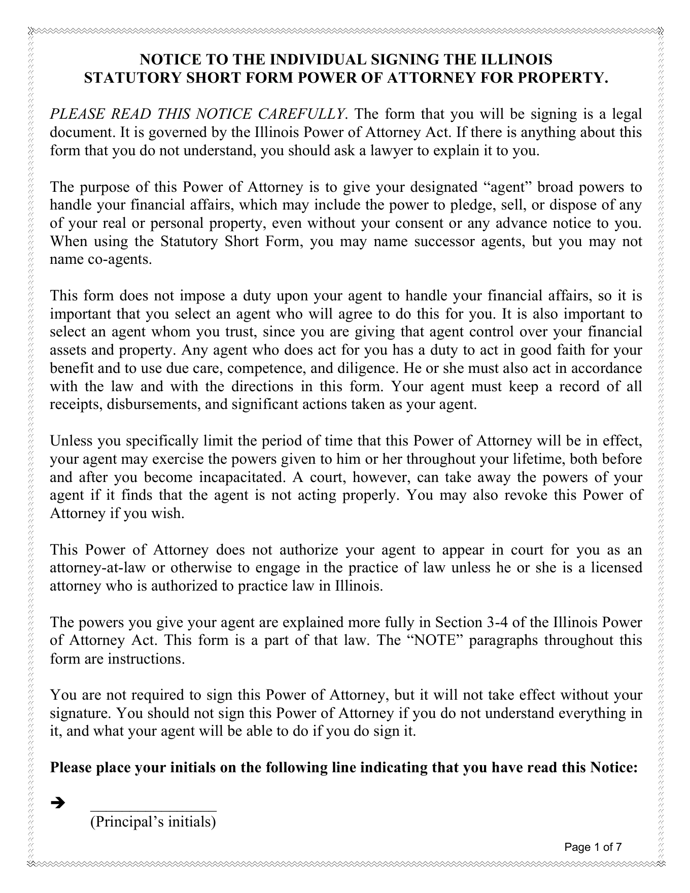 Page 1 of the Illinois Statutory Short Form Power of Attorney for Property, as delivered in the download