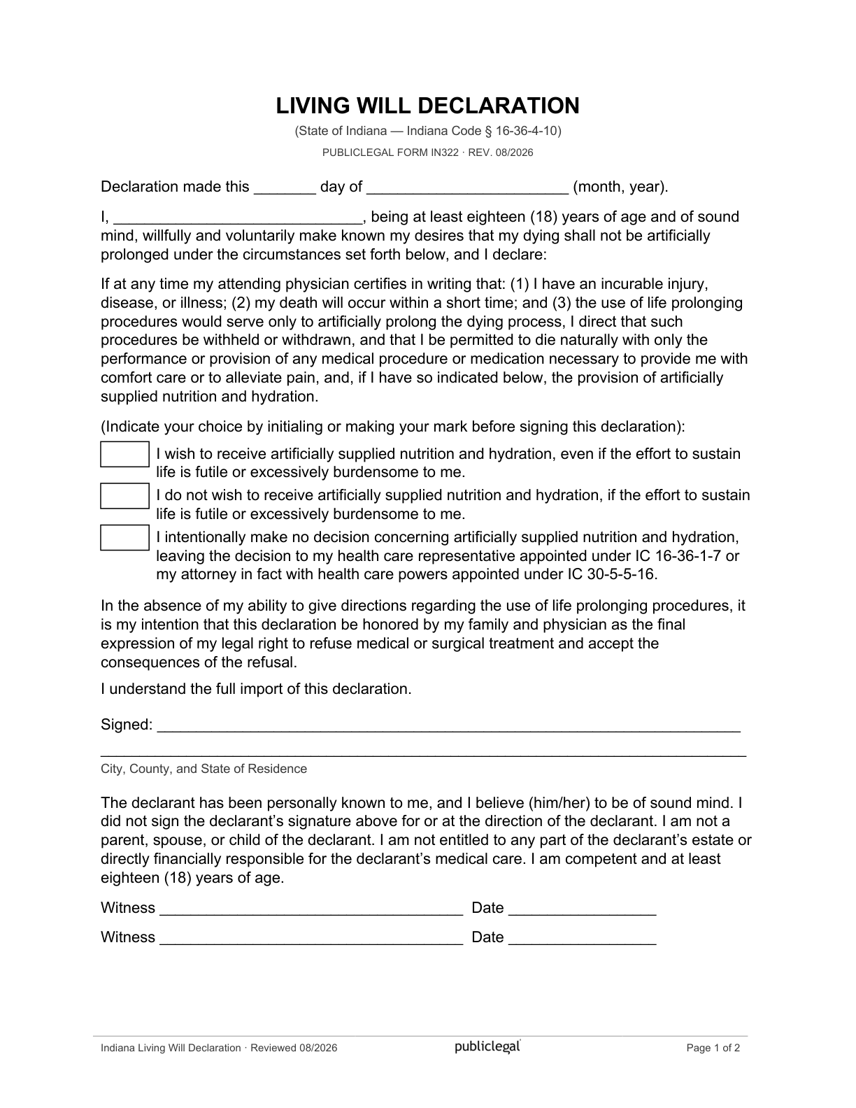 Page 1 of the Indiana Living Will Declaration, as delivered in the download