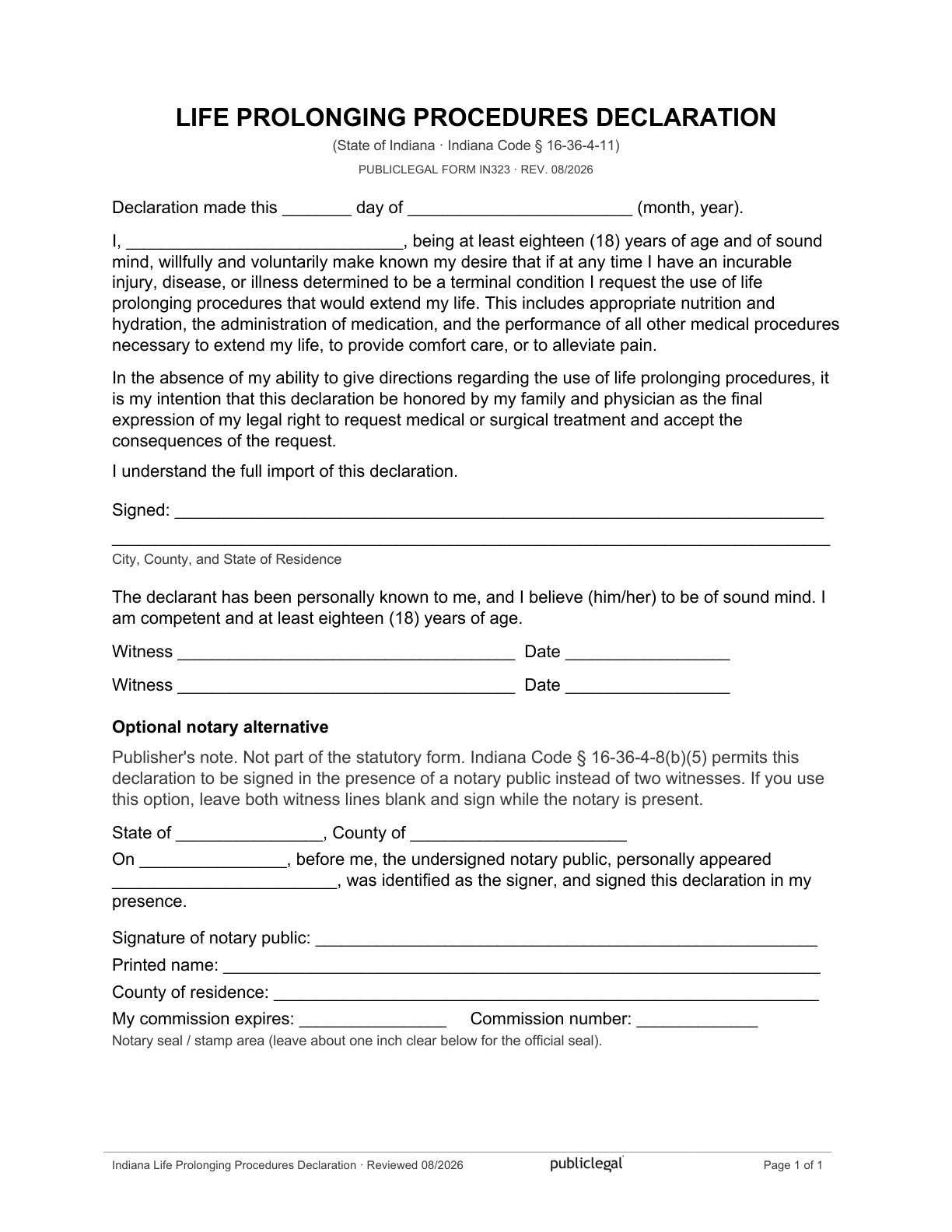 Page 1 of the Indiana Life Prolonging Procedures Declaration, as delivered in the download
