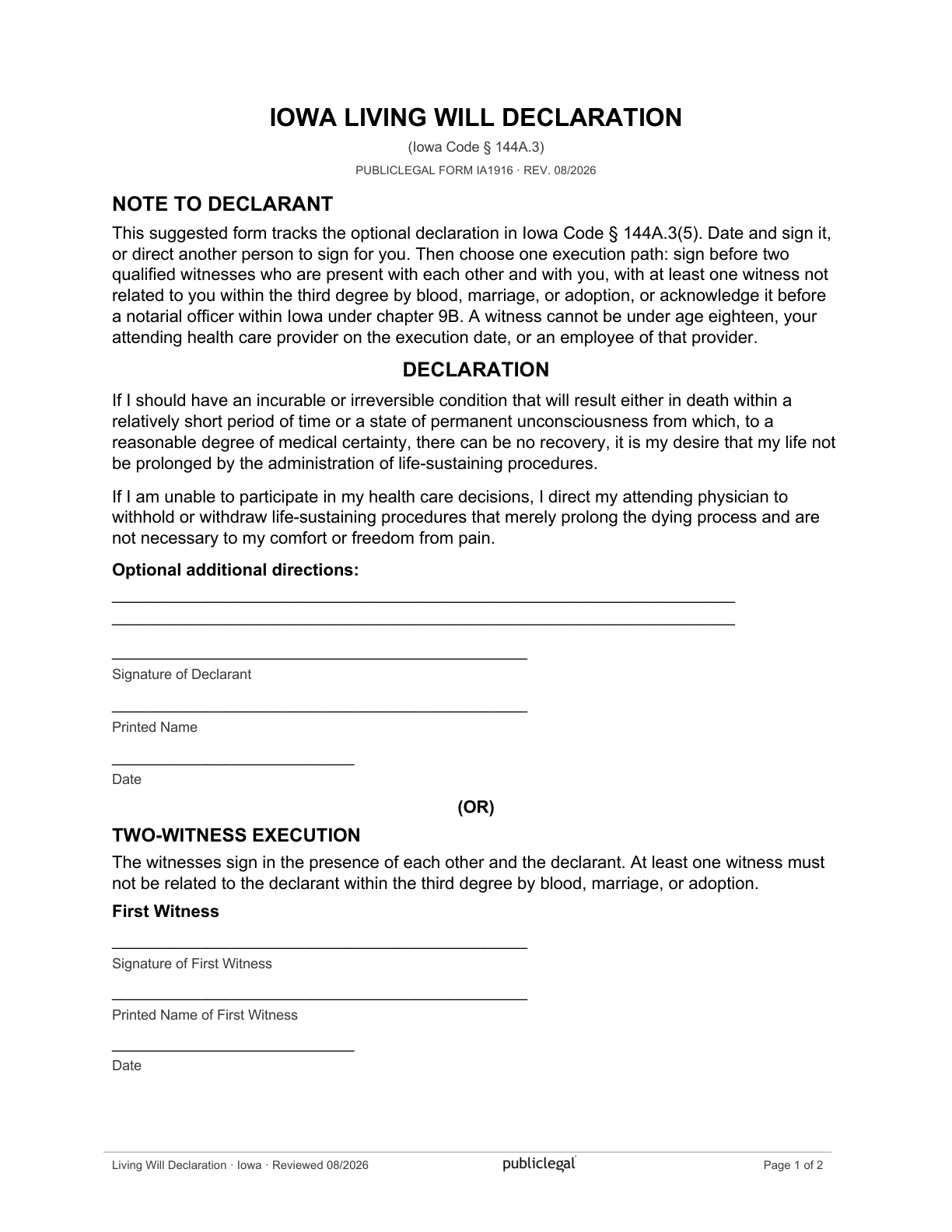 Page 1 of the Iowa Living Will Declaration