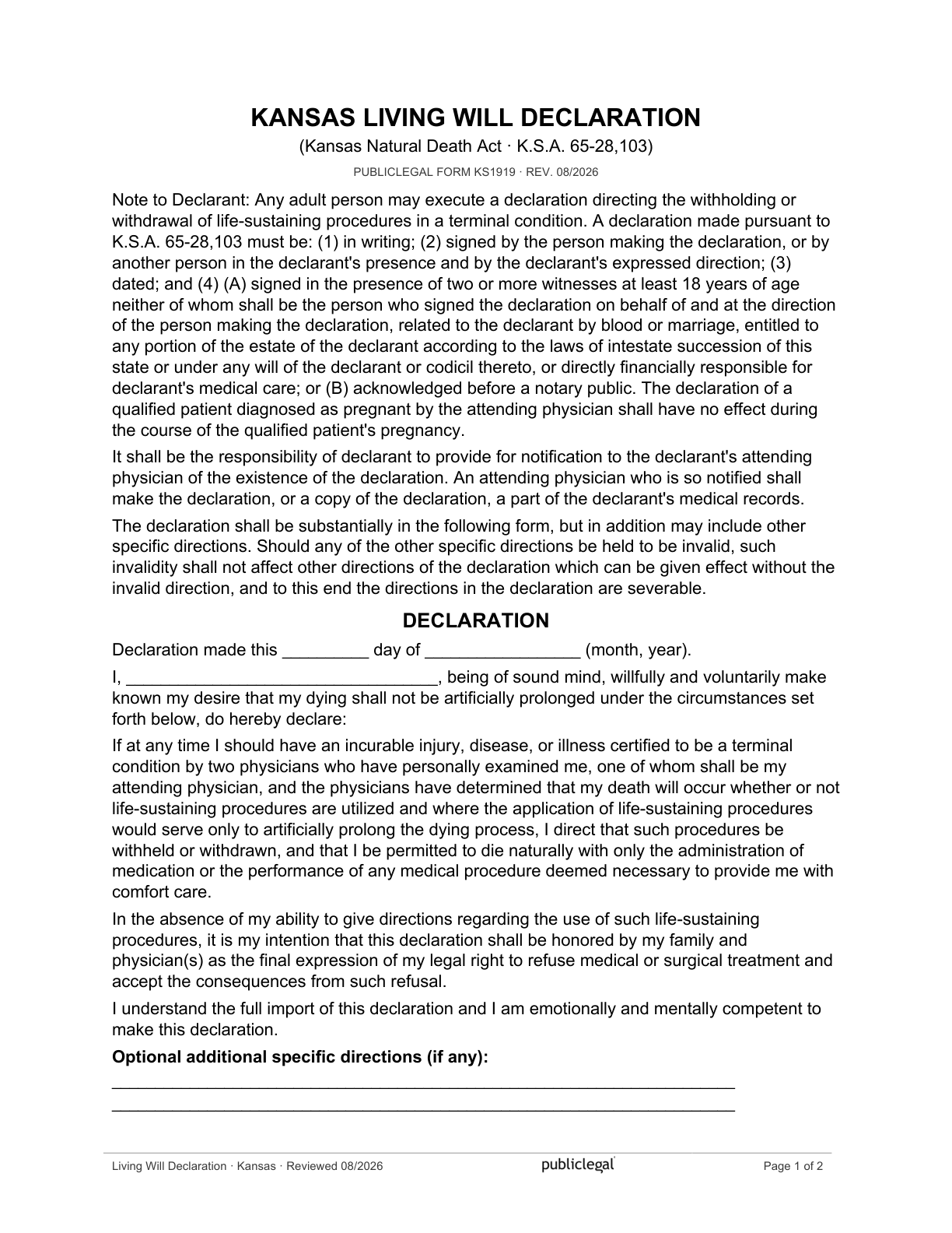 Page 1 of the Kansas Living Will Declaration