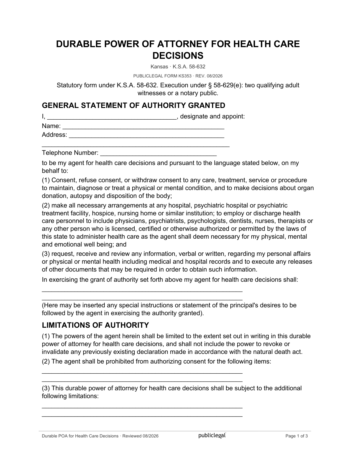 Page 1 of the Kansas Durable Power of Attorney for Health Care Decisions form, as delivered in the download