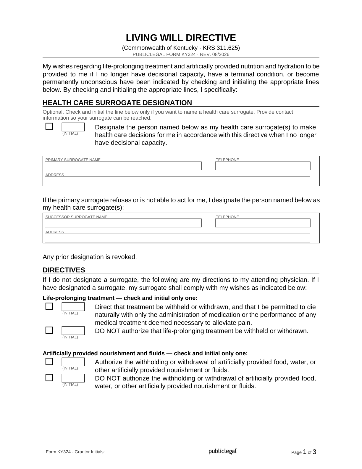 Page 1 of the Kentucky Living Will Directive, as delivered in the download