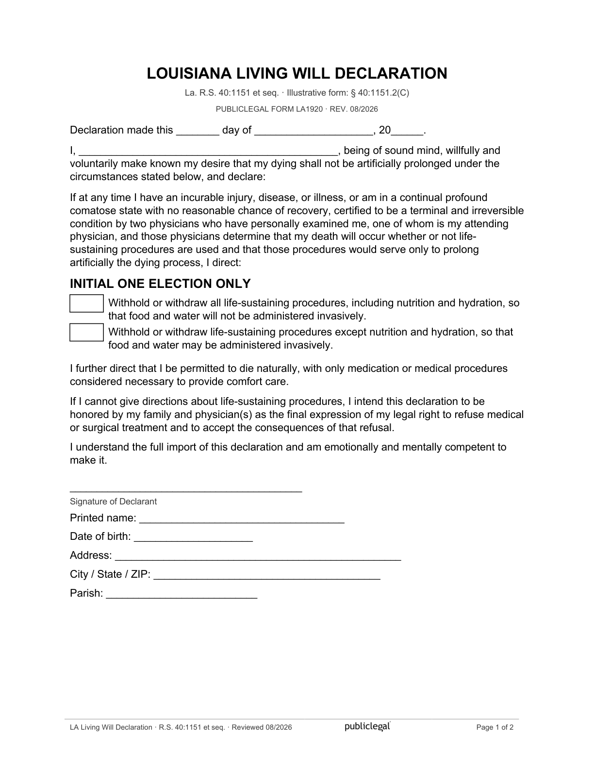 Page 1 of the Louisiana Living Will Declaration form, as delivered in the download