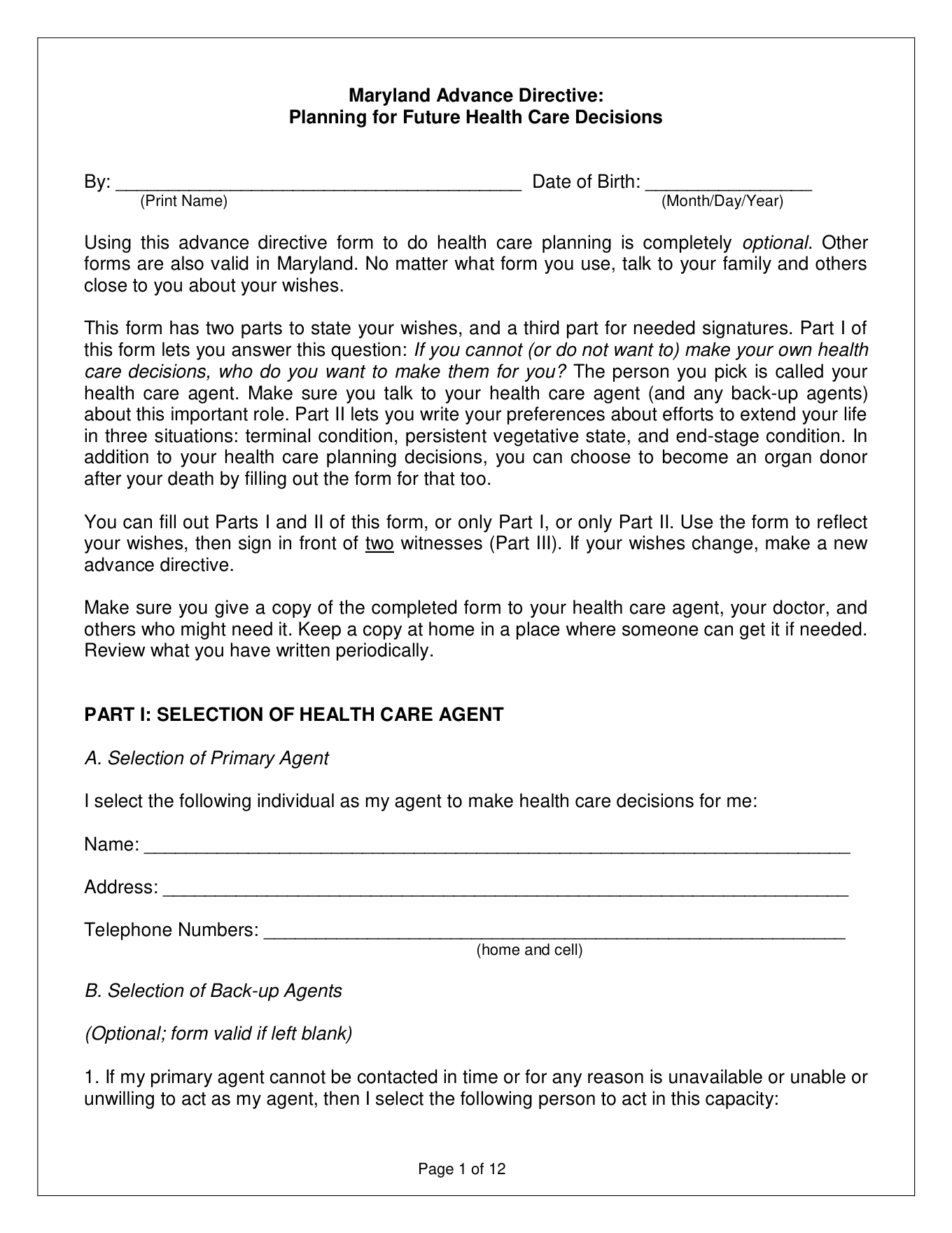 Page 1 of the Maryland Advance Health Care Directive, as delivered in the download