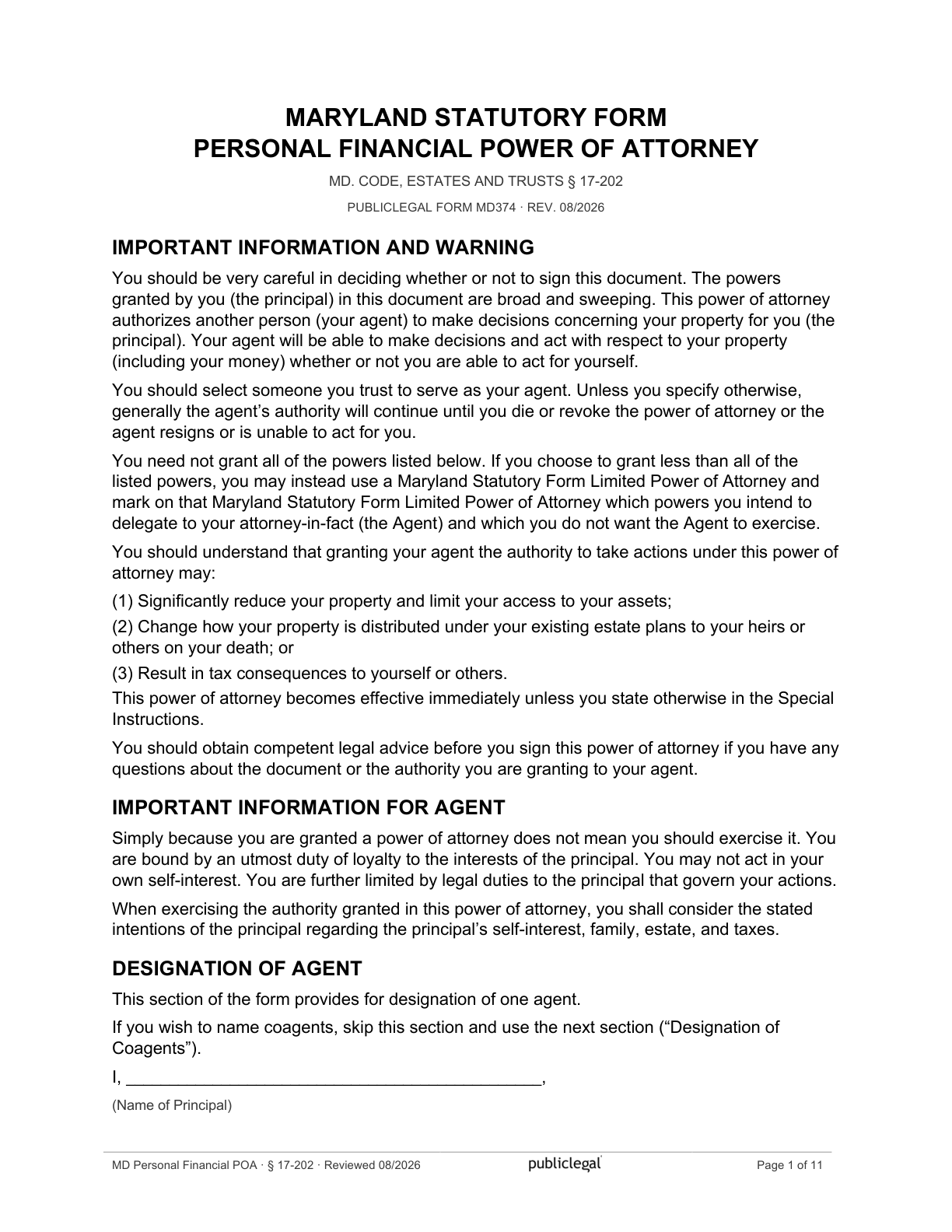 Page 1 of the Maryland Statutory Form Personal Financial Power of Attorney form, as delivered in the download
