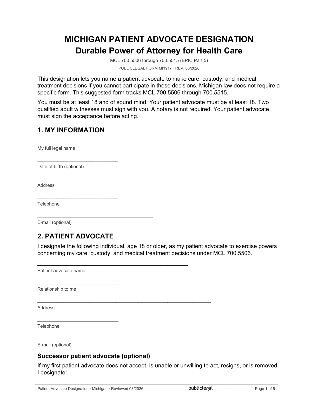 Page 1 of the Michigan Patient Advocate Designation