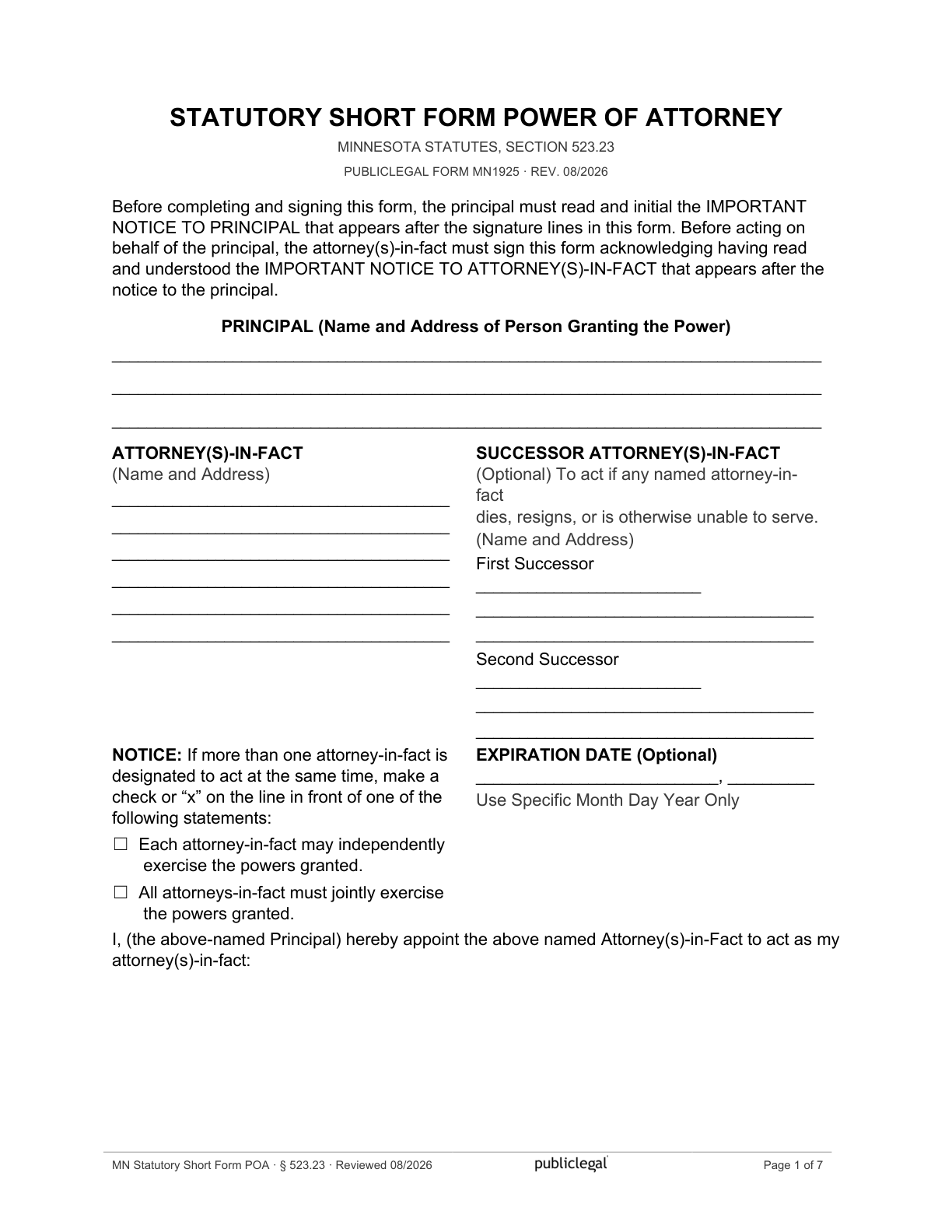 Page 1 of the Minnesota Statutory Short Form Power of Attorney form, as delivered in the download