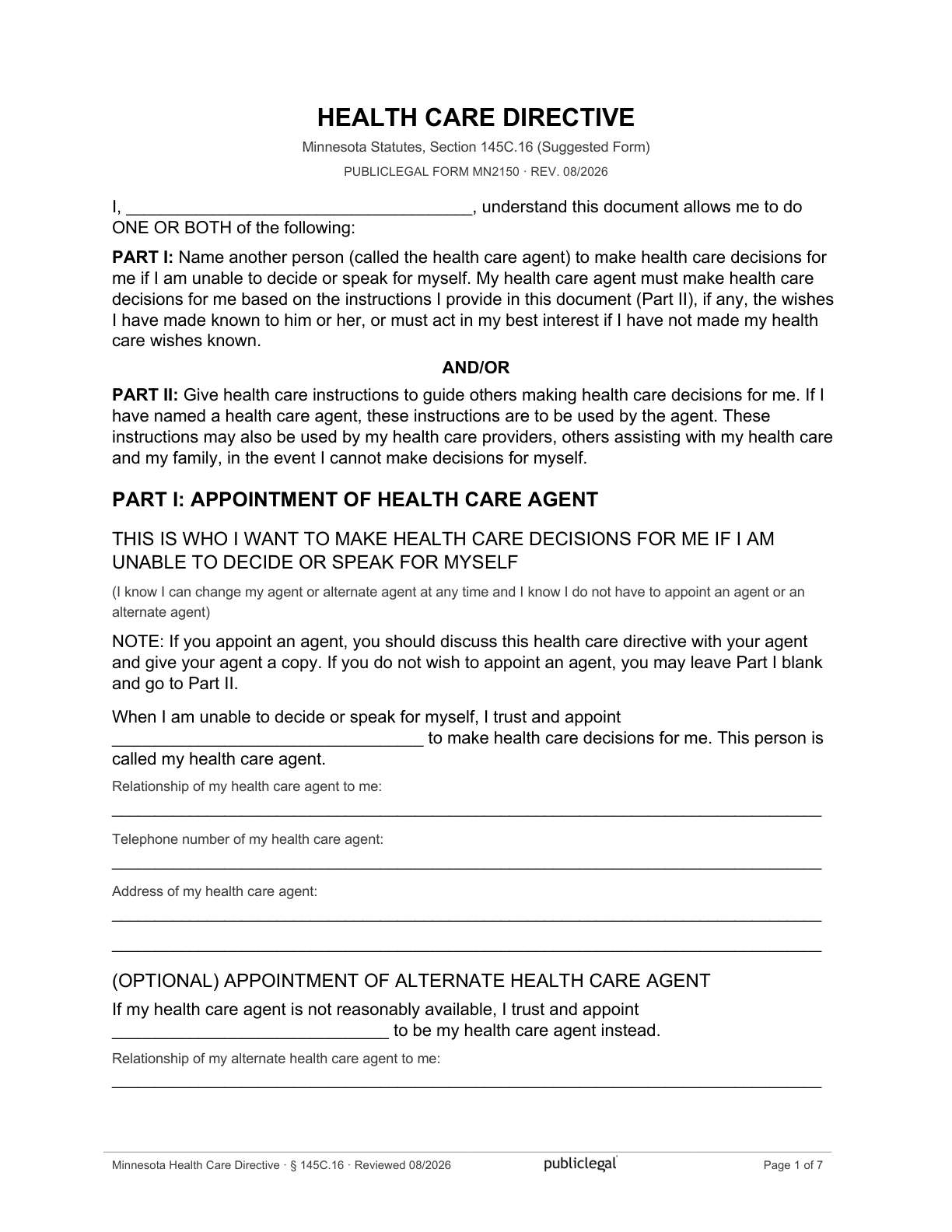 Page 1 of the Minnesota Health Care Directive form, as delivered in the download