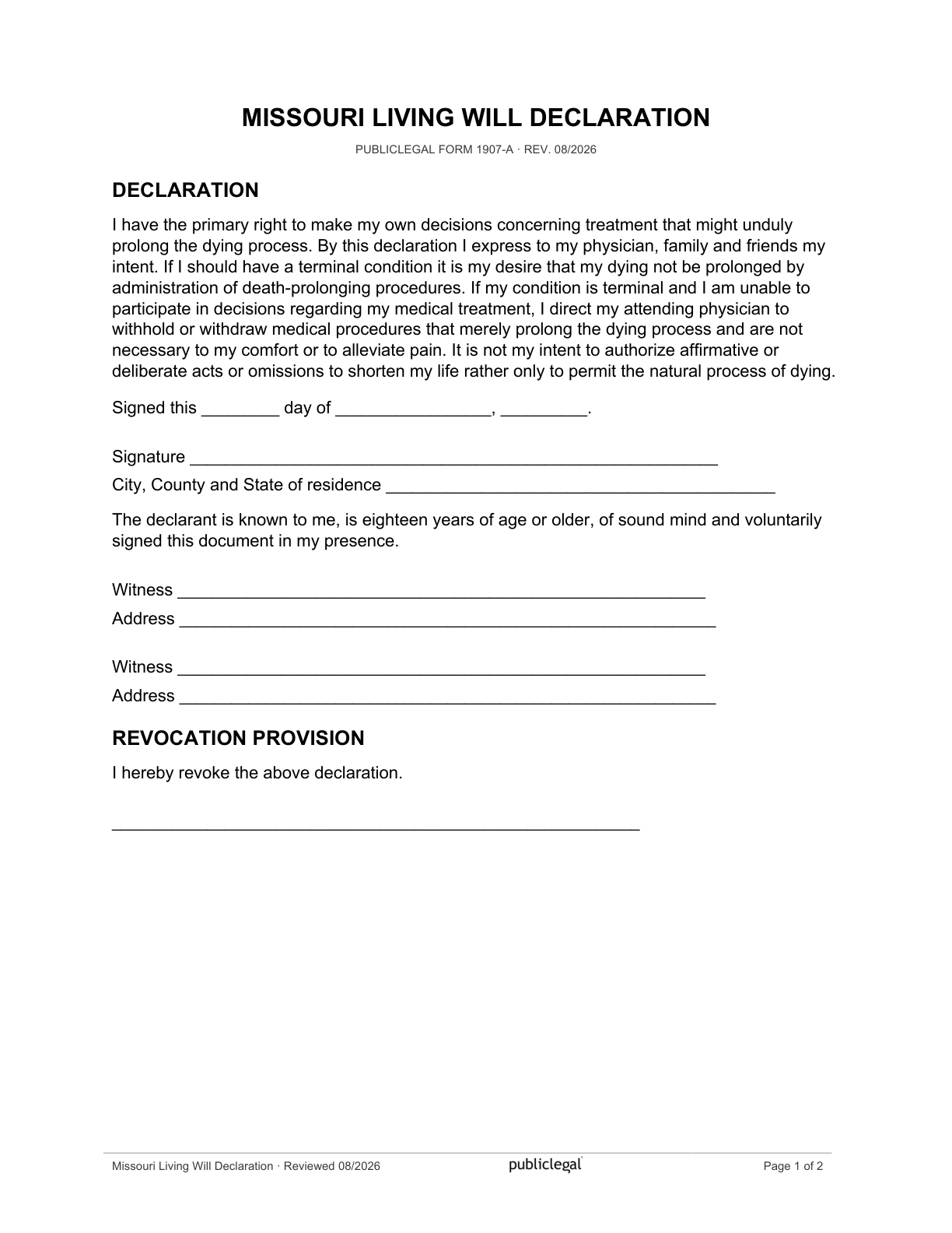 Page 1 of the Missouri Living Will Declaration, as delivered in the download