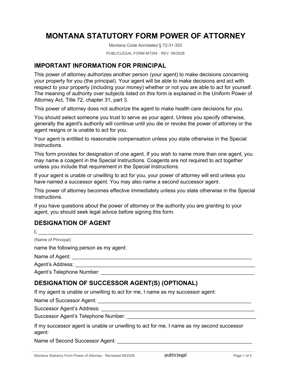 Page 1 of the Montana Statutory Form Power of Attorney form, as delivered in the download