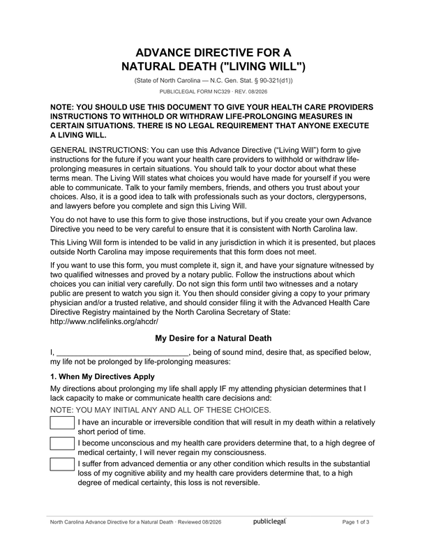 Page 1 of the North Carolina Advance Directive for a Natural Death, as delivered in the download