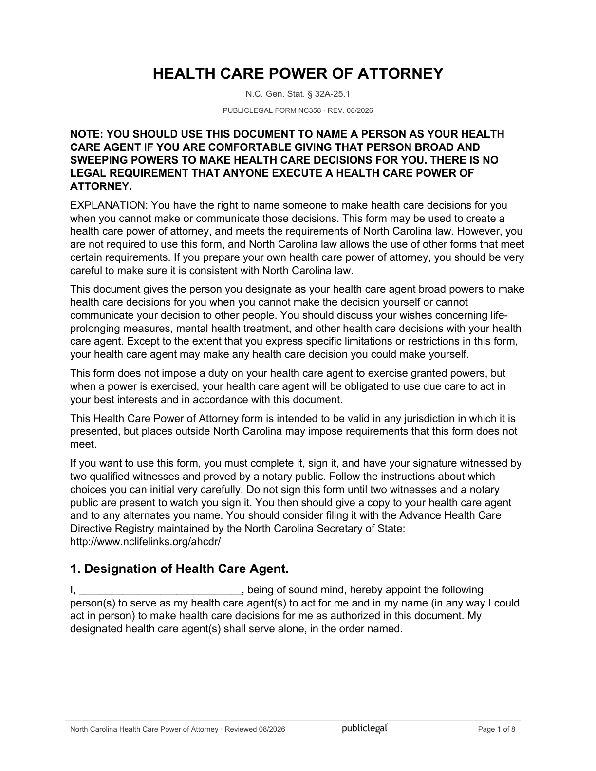 Page 1 of the North Carolina statutory health care power of attorney