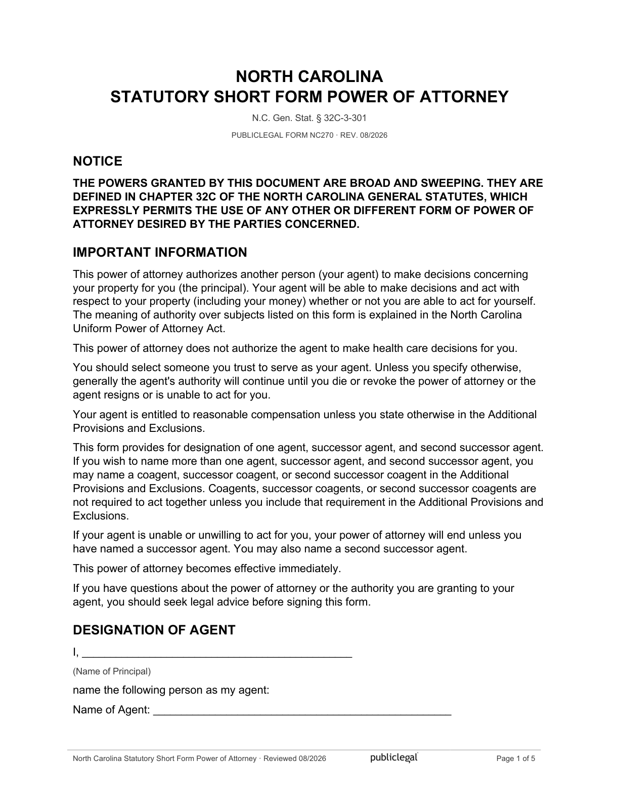 Page 1 of the North Carolina Statutory Short Form Power of Attorney