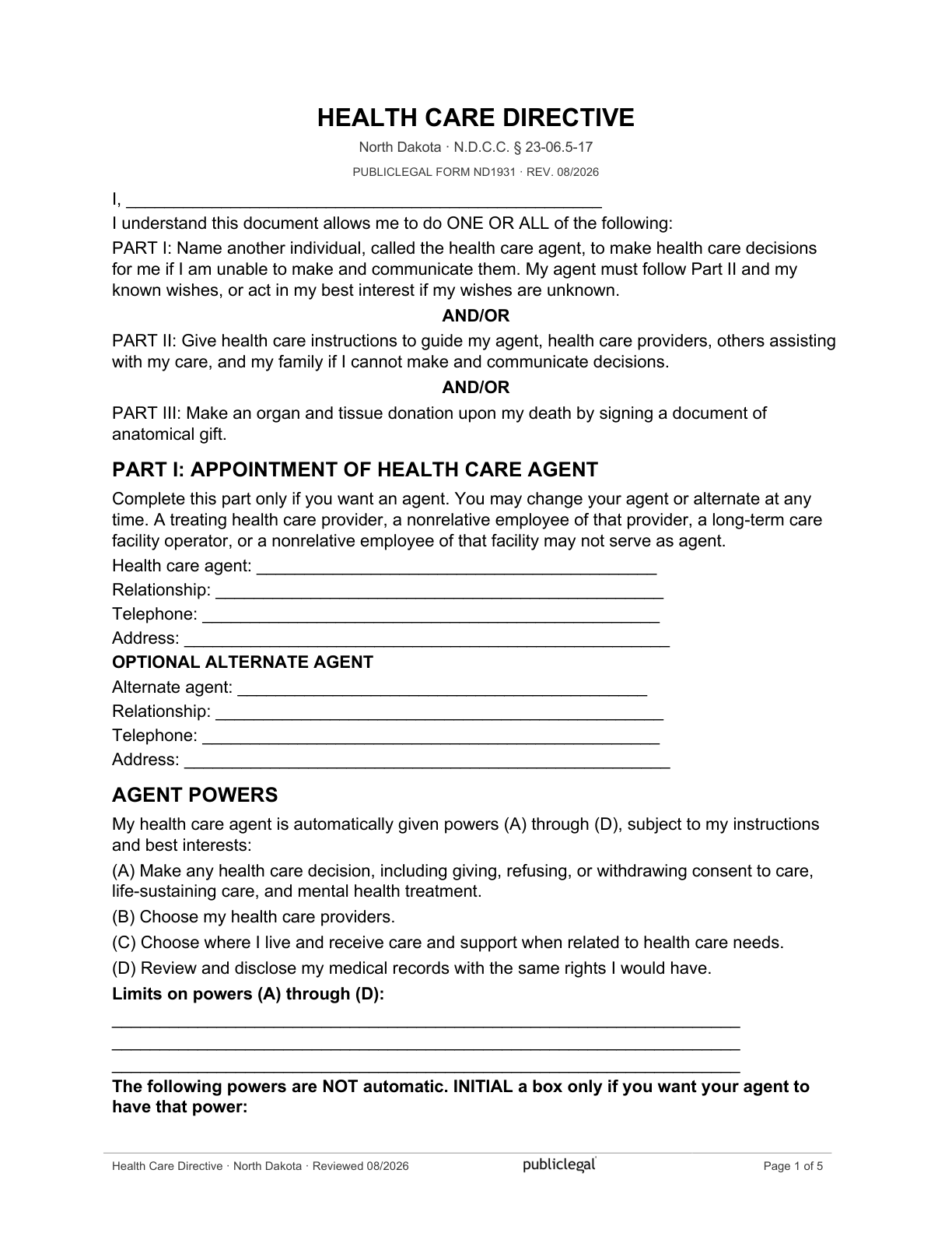 Page 1 of the North Dakota Health Care Directive form, as delivered in the download