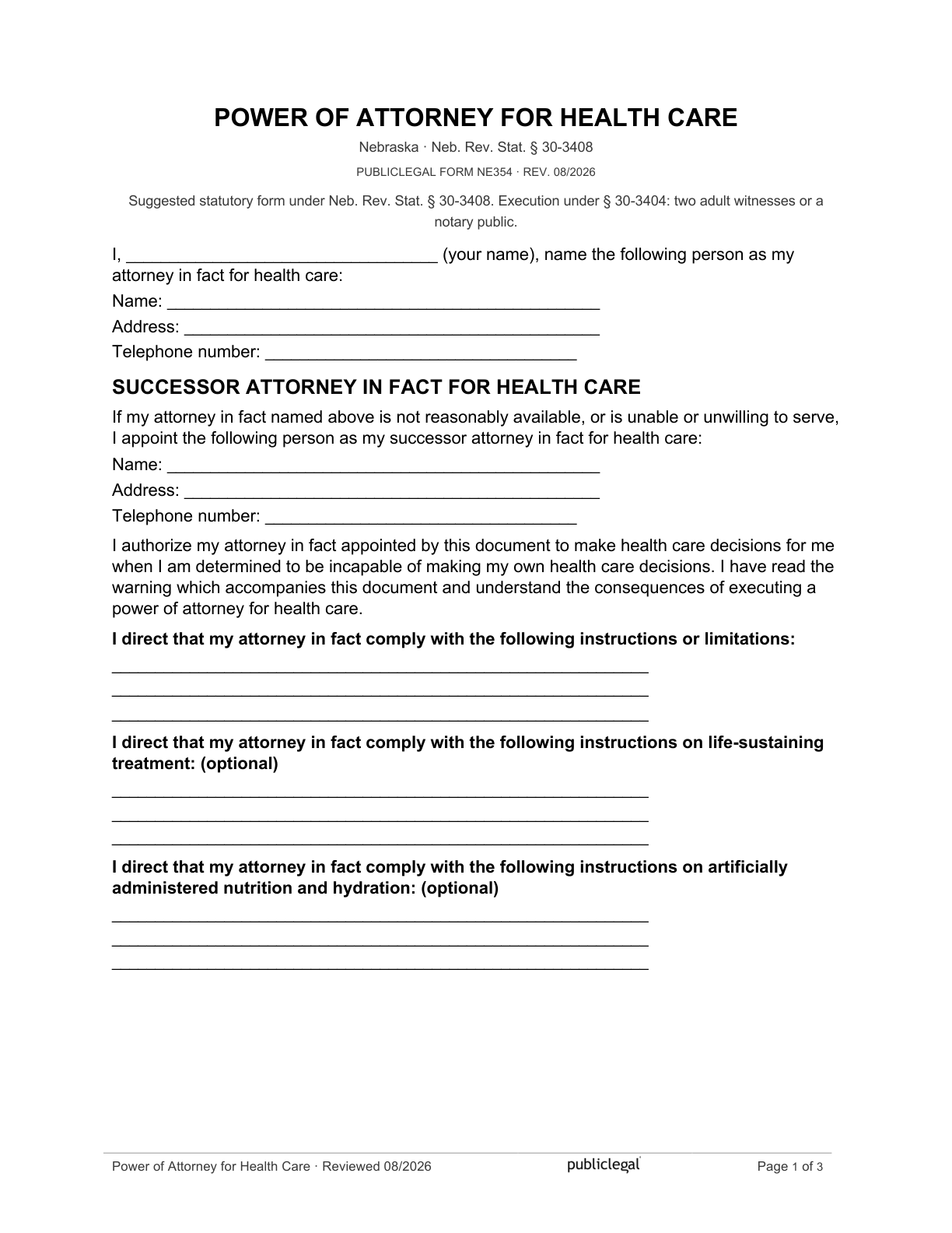 Page 1 of the Nebraska Power of Attorney for Health Care