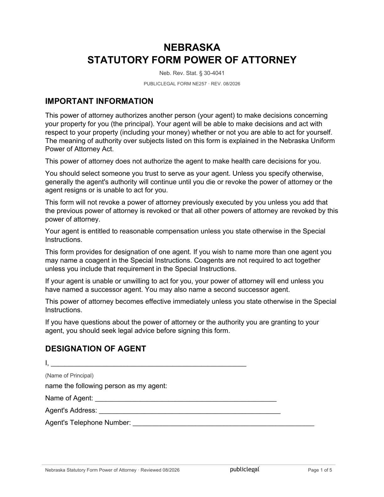Page 1 of the Nebraska Statutory Form Power of Attorney, as delivered in the download