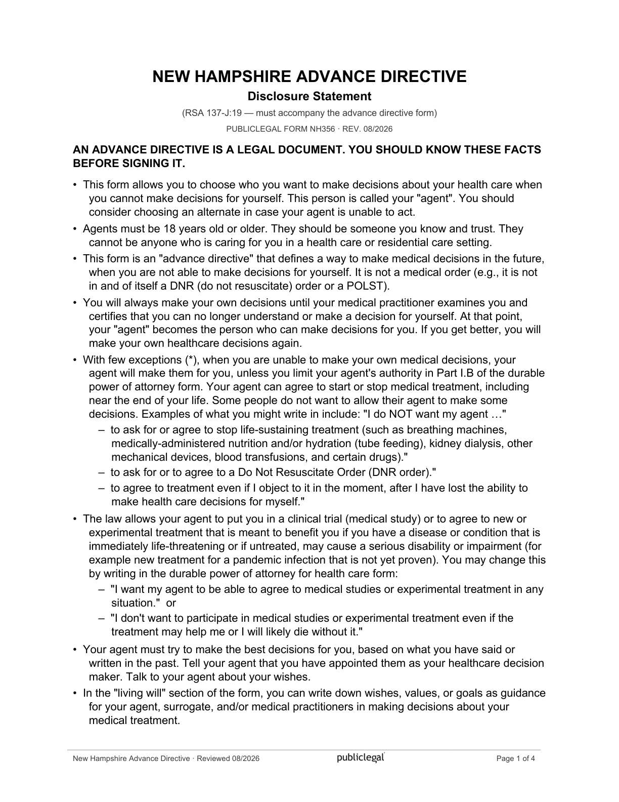 Page 1 of the New Hampshire Advance Directive packet, as delivered in the download