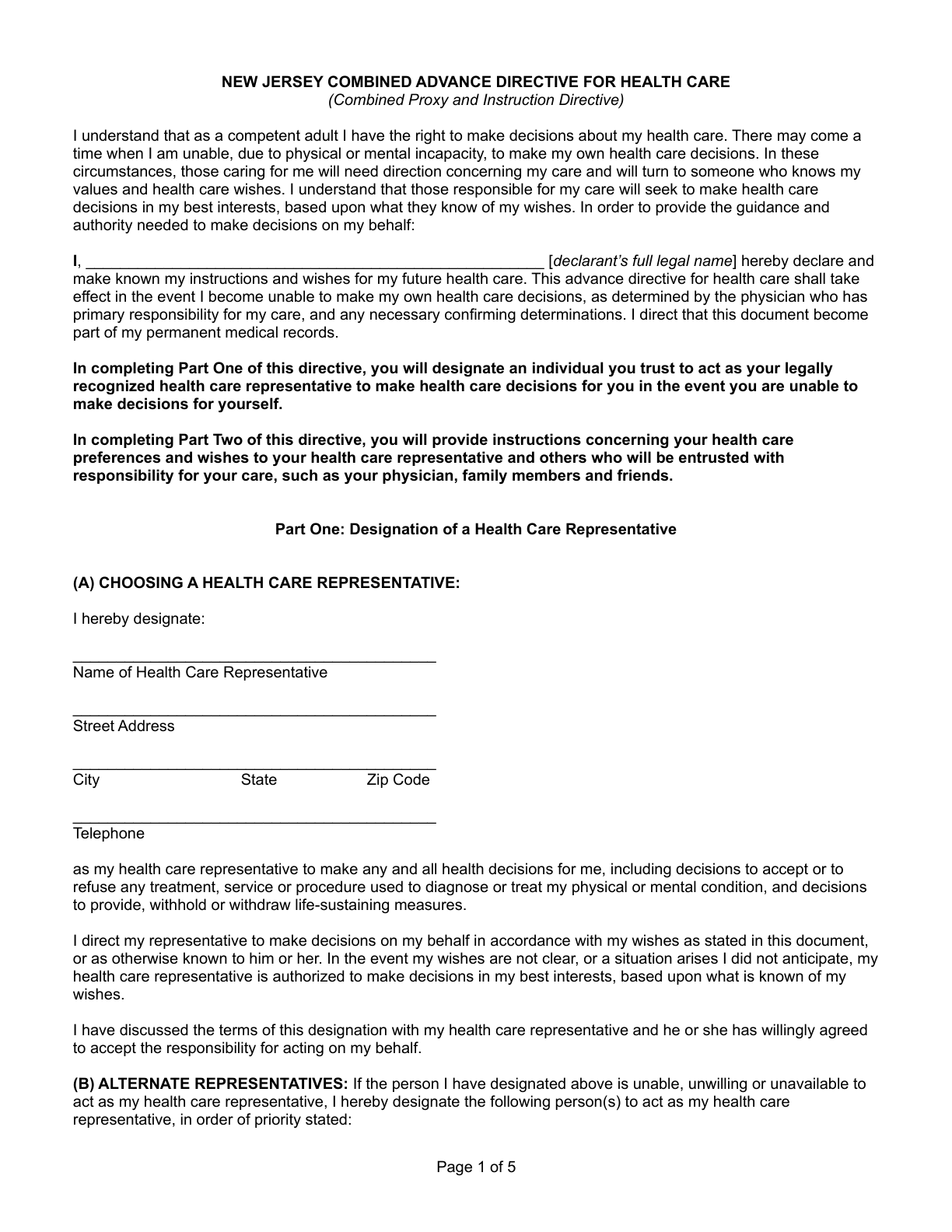 Page 1 of the New Jersey Combined Advance Directive for Health Care, as delivered in the download