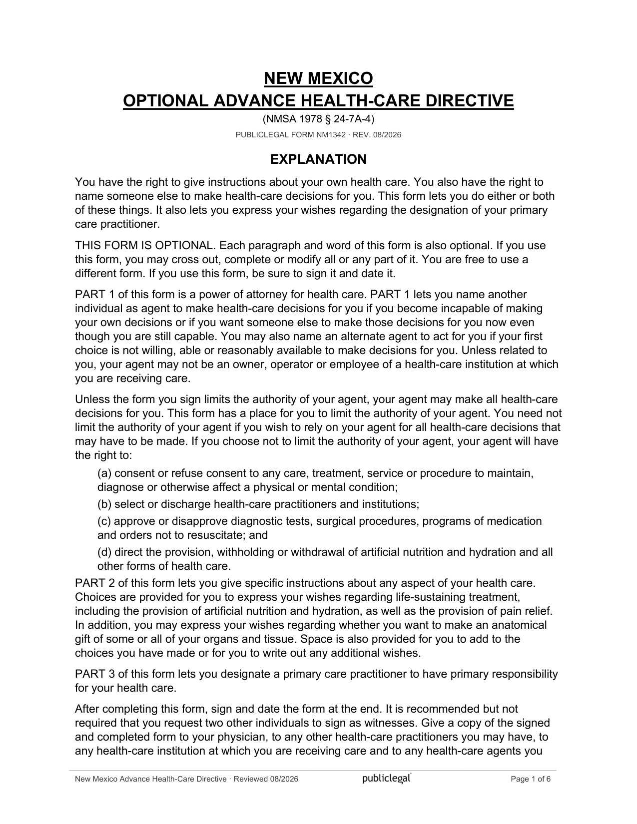 Page 1 of the New Mexico Optional Advance Health-Care Directive, as delivered in the download