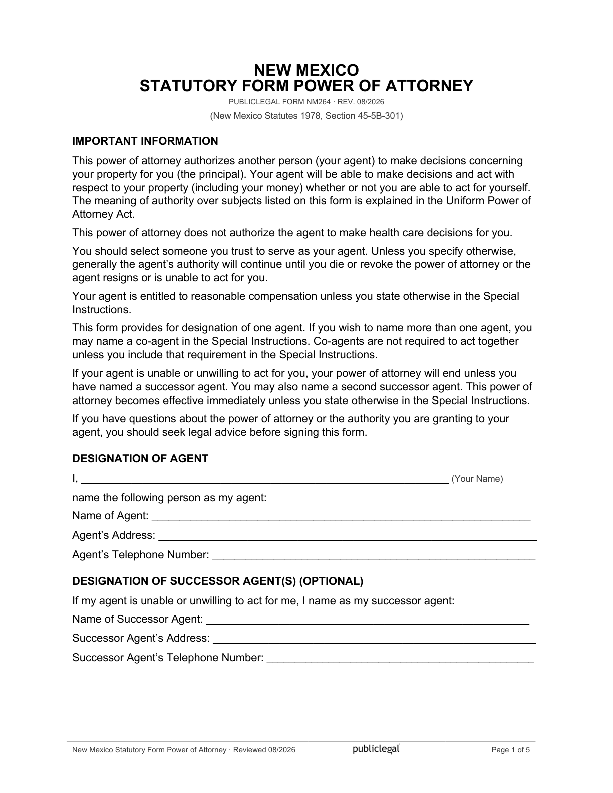 Page 1 of the New Mexico Statutory Form Power of Attorney, as delivered in the download