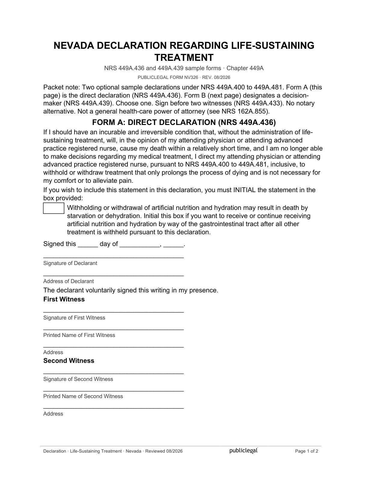 Page 1 of the Nevada Declaration Regarding Life-Sustaining Treatment form, as delivered in the download