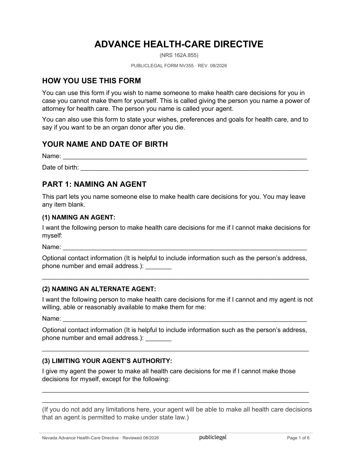 Page 1 of the Nevada Advance Health-Care Directive, as delivered in the download