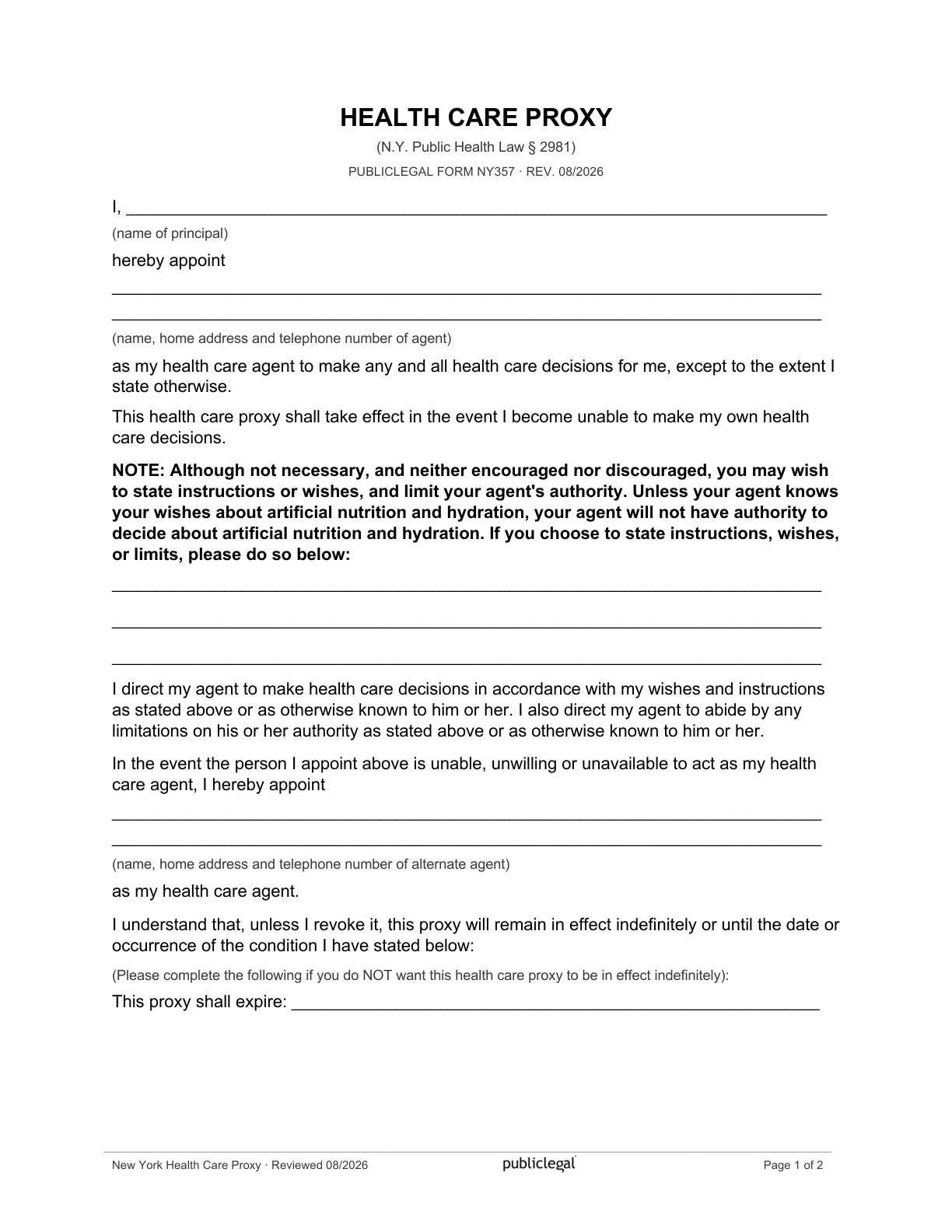 Page 1 of the New York Health Care Proxy
