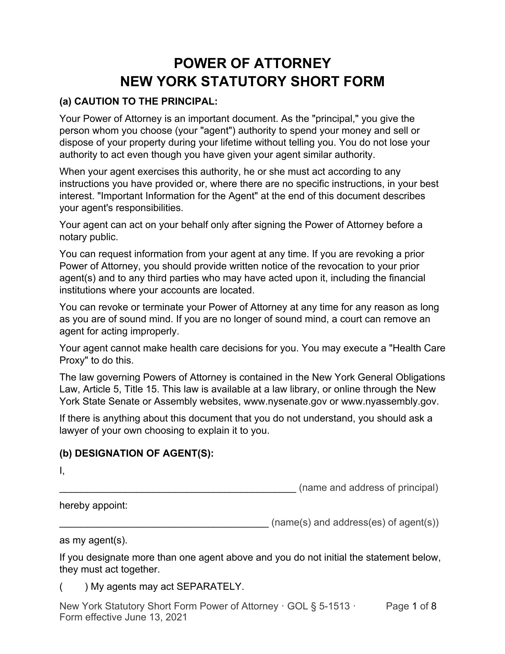 Page 1 of the New York Statutory Short Form Power of Attorney, as delivered in the download