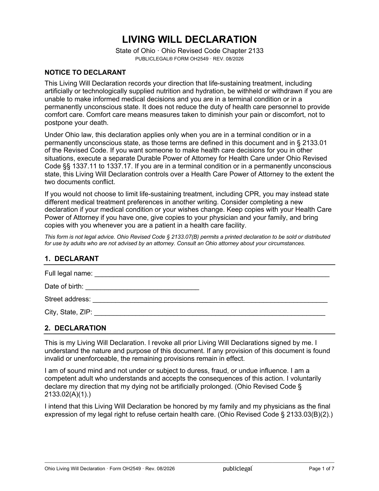 Page 1 of the blank Ohio Living Will Declaration, as delivered in the download