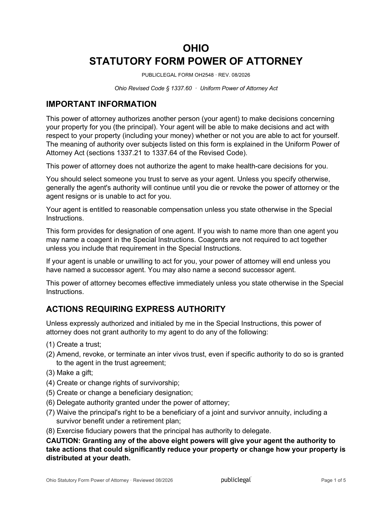 Page 1 of the Ohio Statutory Form Power of Attorney, as delivered in the download