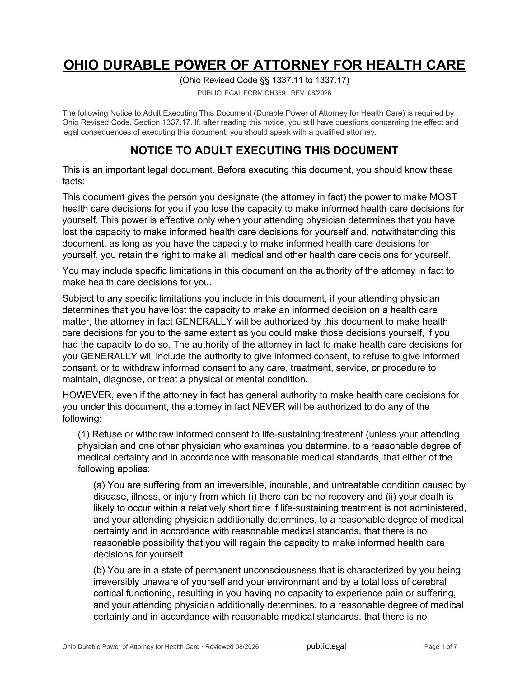 Page 1 of the Ohio Durable Power of Attorney for Health Care, as delivered in the download