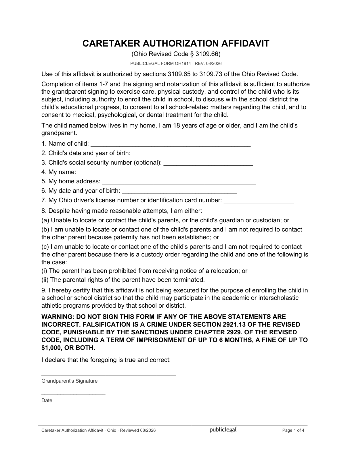 Page 1 of the Ohio Caretaker Authorization Affidavit